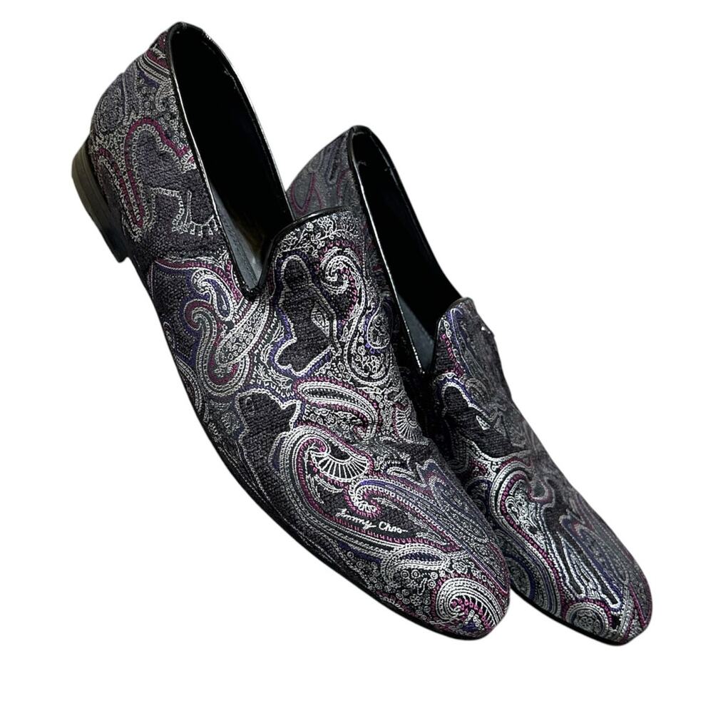 Jimmy Choo Men's Sloane Brocade purple black paisley slip on loafers size 46